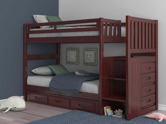 Twin/Twin Staircase Bunk Bed with 3 Drawer Merlot 2817-T/T-K3