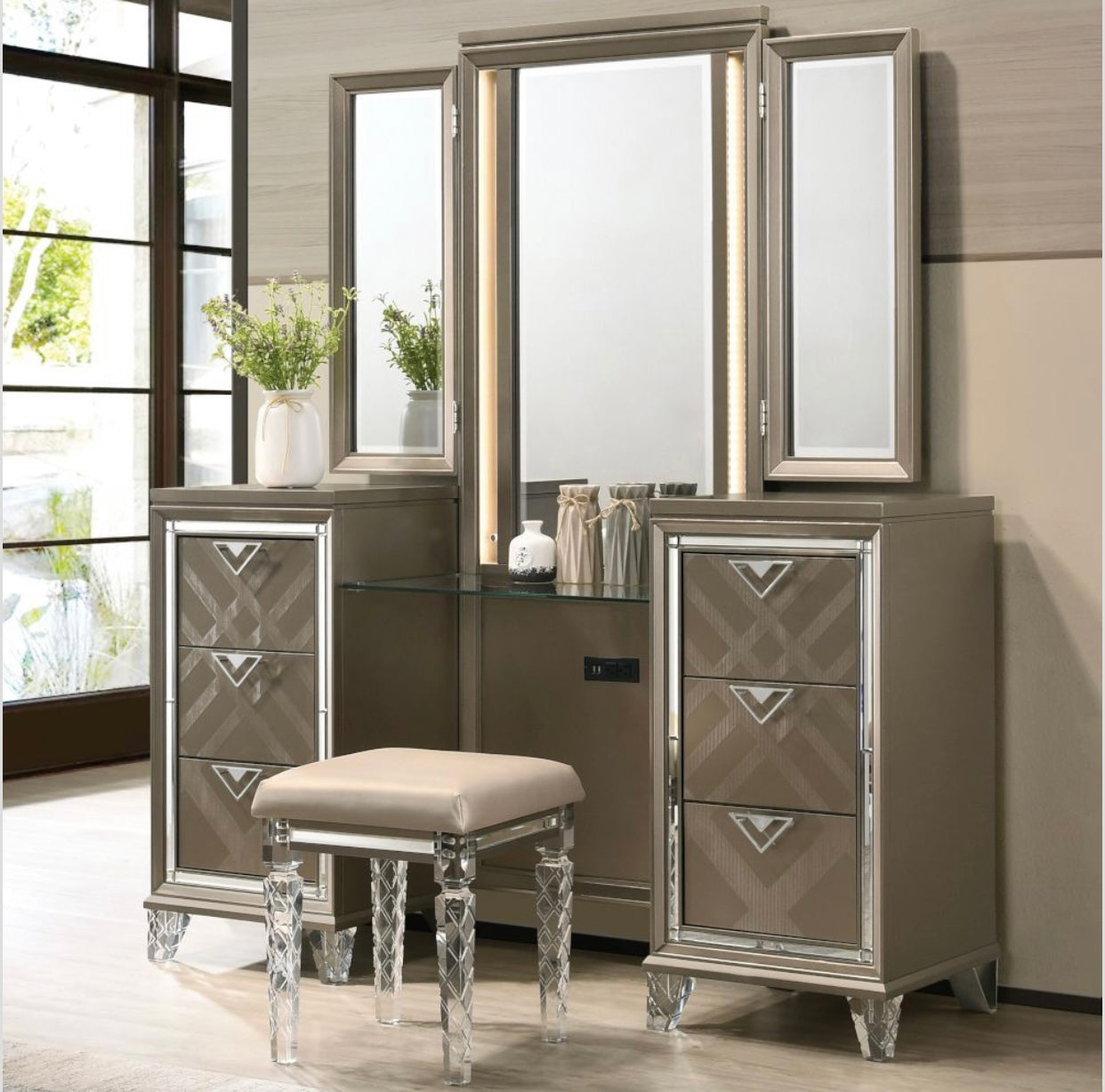 3 PCS Skylar Vanity Desk, Mirror and Stool 25327