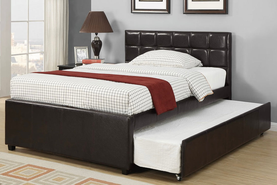 BROWN FULL BED+TWIN TRUNDLE W/ SLATS F9215F