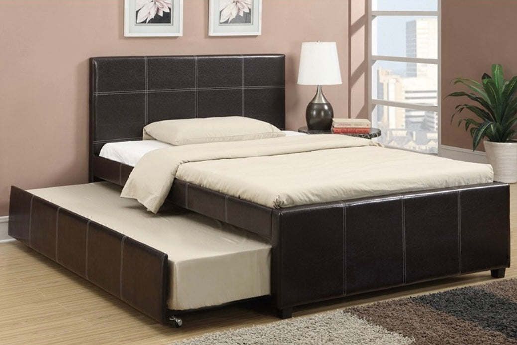 BROWN FULL BED+TWIN TRUNDLE W/ SLATS F9214F