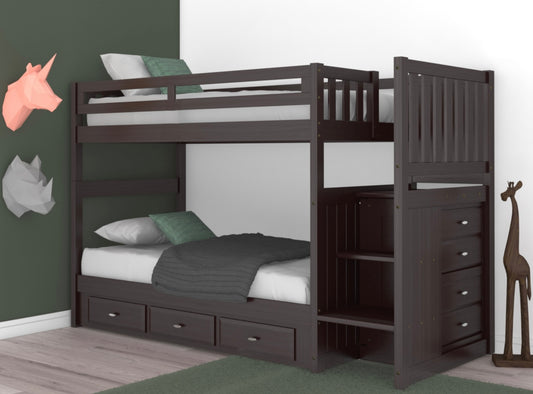 Twin/Twin Staircase Bunk Bed with 3 Drawers Espresso 2917-T/T-K3