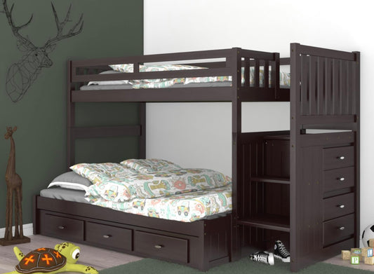 Twin/Full Staircase Bunk Bed with 3 Drawers Espresso 2917-T/F-K3