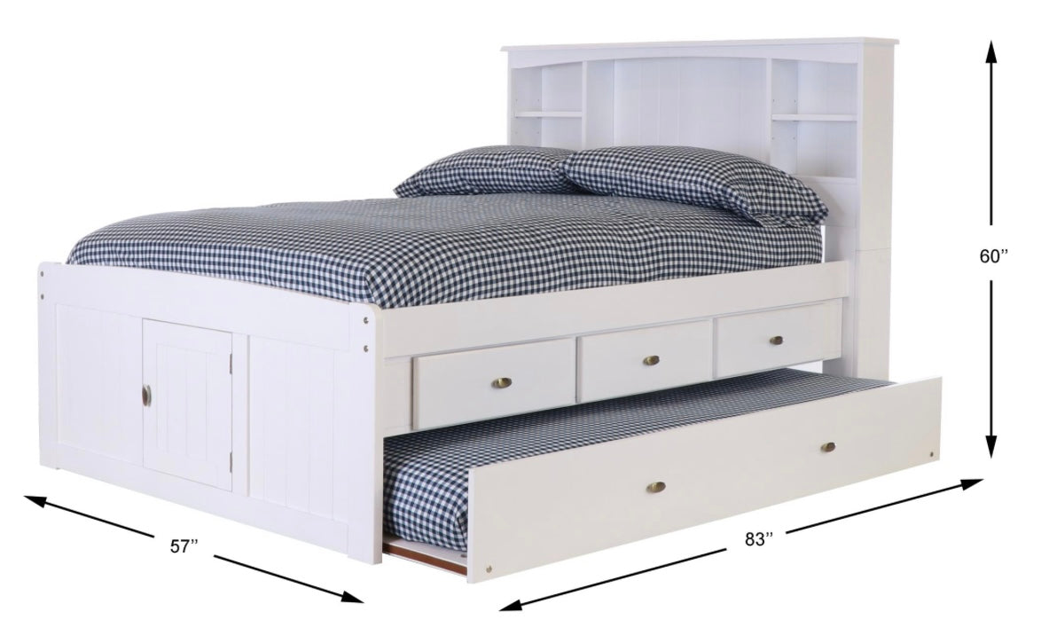 Full Bookcase Captain's Bed White w/ 3 Drawers & Trundle (Brushed Nickel Handles) 0221-K3-R