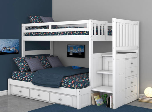 Twin/Full Staircase Bunk Bed w/ 3 Drawers White (Brushed Nickel Handles) 0217-T/F-K3-R